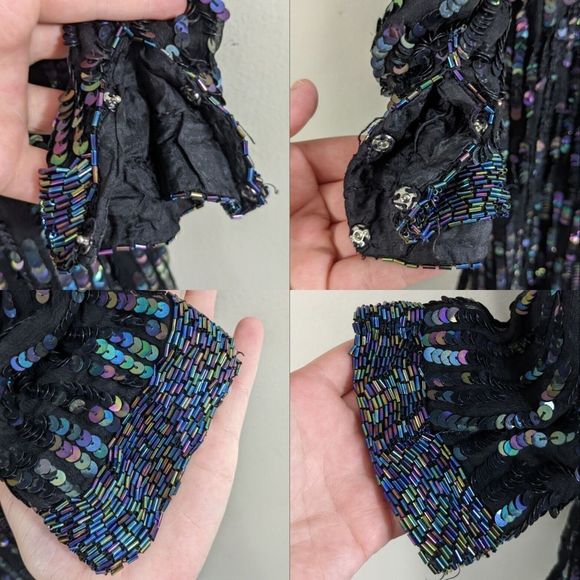 Oilslick rainbow Sequined Beaded long Silk Black Goddess Cardigan Jacket Vintage - Picture 10 of 16